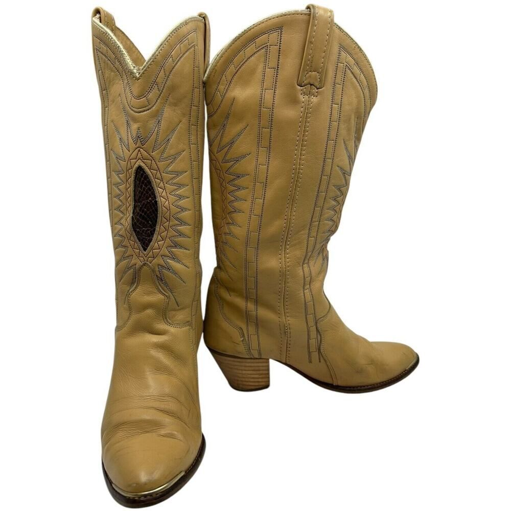 Acme Western Boots Women 5.5 Tan Good Embroidered Snakeskin Inlay Tall Leather